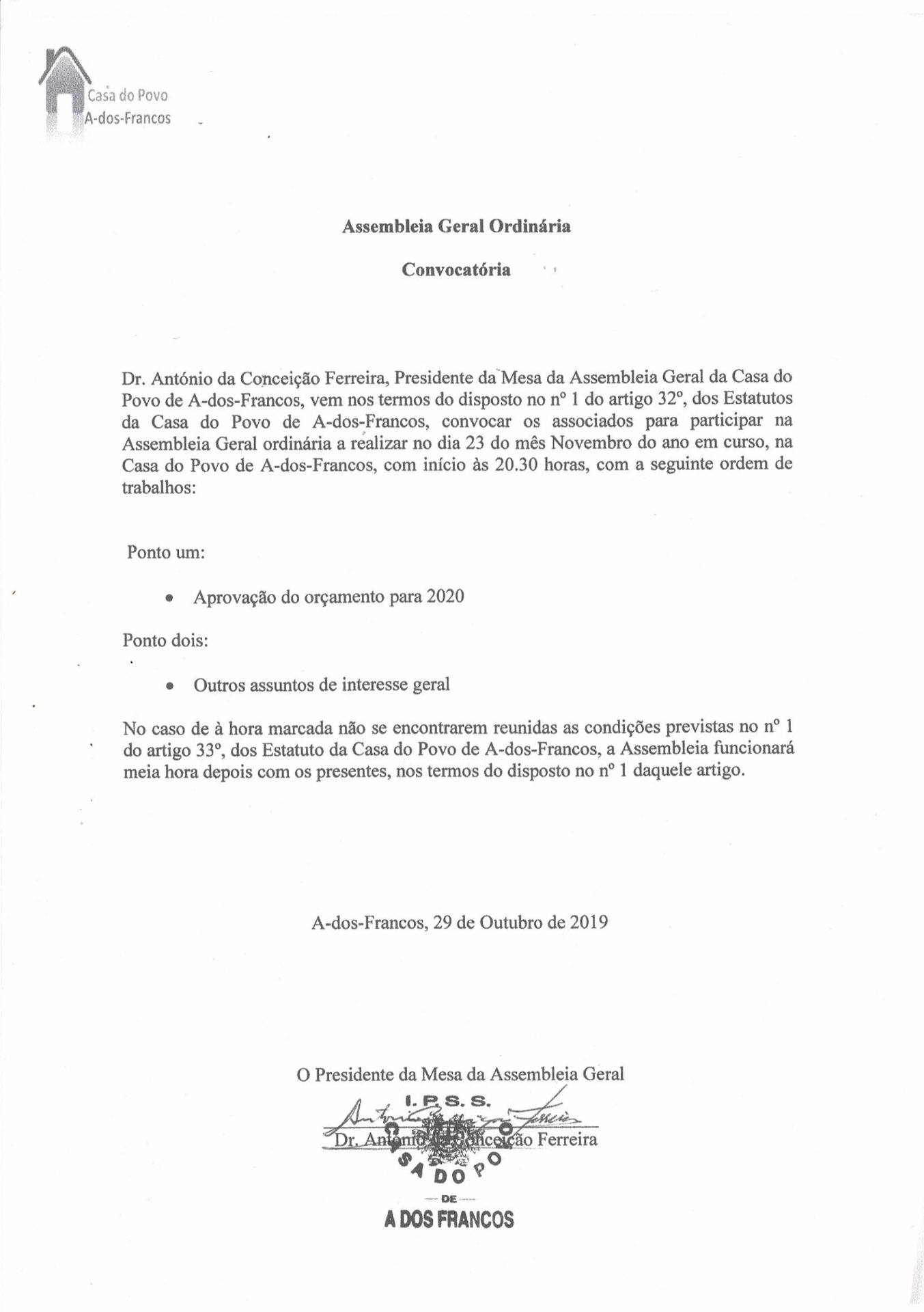 Convocatória Assembleia Geral Ordinária 23 Novembro 2019